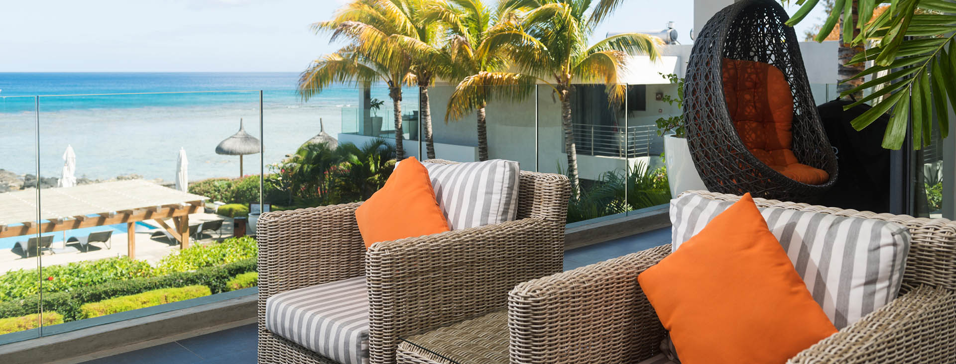 Mauritius luxury beach villas living room view on pool